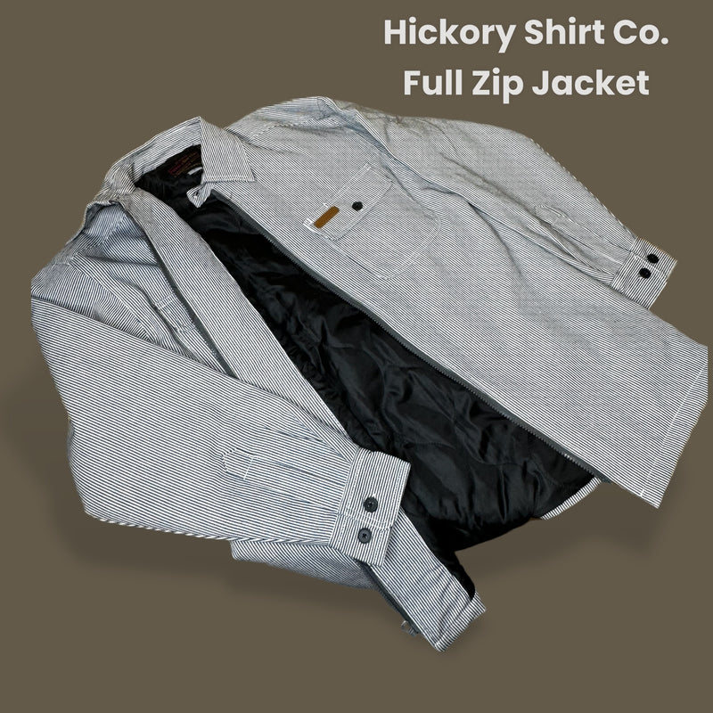 Load image into Gallery viewer, The Hickory Shirt Company Classic Logger Jacket showcasing vintage style and robust durability, featuring a relaxed fit, signature Hickory pattern, zipper front, buttoned pockets, with a cozy taffeta quilting polyfill insulation to withstand harsh work conditions, presented in a range of sizes
