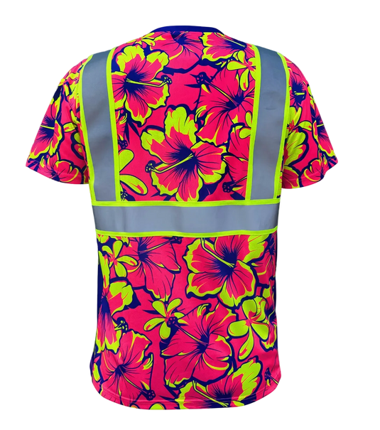 A short-sleeve work shirt with a vibrant neon pink and lime green hibiscus floral print, featuring reflective silver stripes on the back.