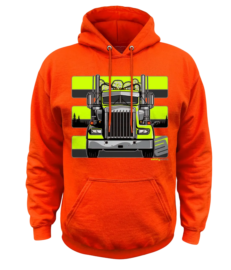 Load image into Gallery viewer, Bright orange pullover hoodie with a large front graphic of a semi-truck on a neon yellow and gray striped background, shown on a plain white studio background.
