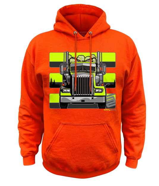 Bright orange pullover hoodie with a large front graphic of a semi-truck on a neon yellow and gray striped background, shown on a plain white studio background.