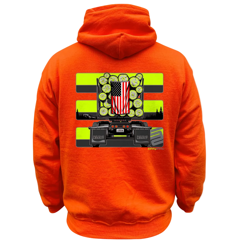 Load image into Gallery viewer, An orange pullover hoodie shown from the back, featuring a large graphic print with a black and neon yellow striped background, a central American flag motif, circular green elements, and a black vehicle design.
