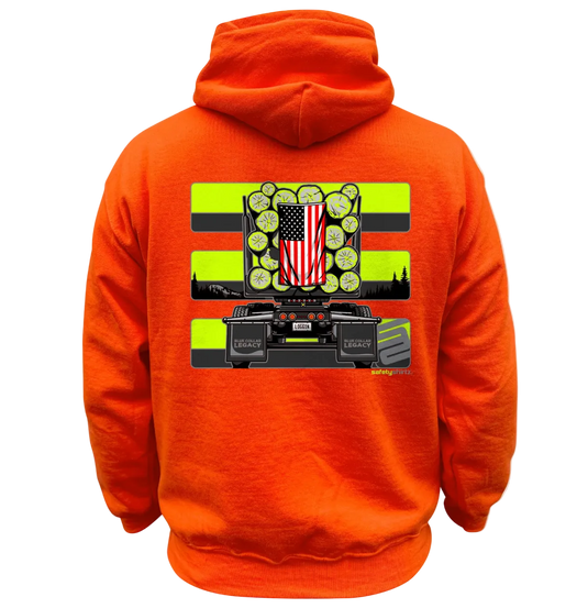 An orange pullover hoodie shown from the back, featuring a large graphic print with a black and neon yellow striped background, a central American flag motif, circular green elements, and a black vehicle design.