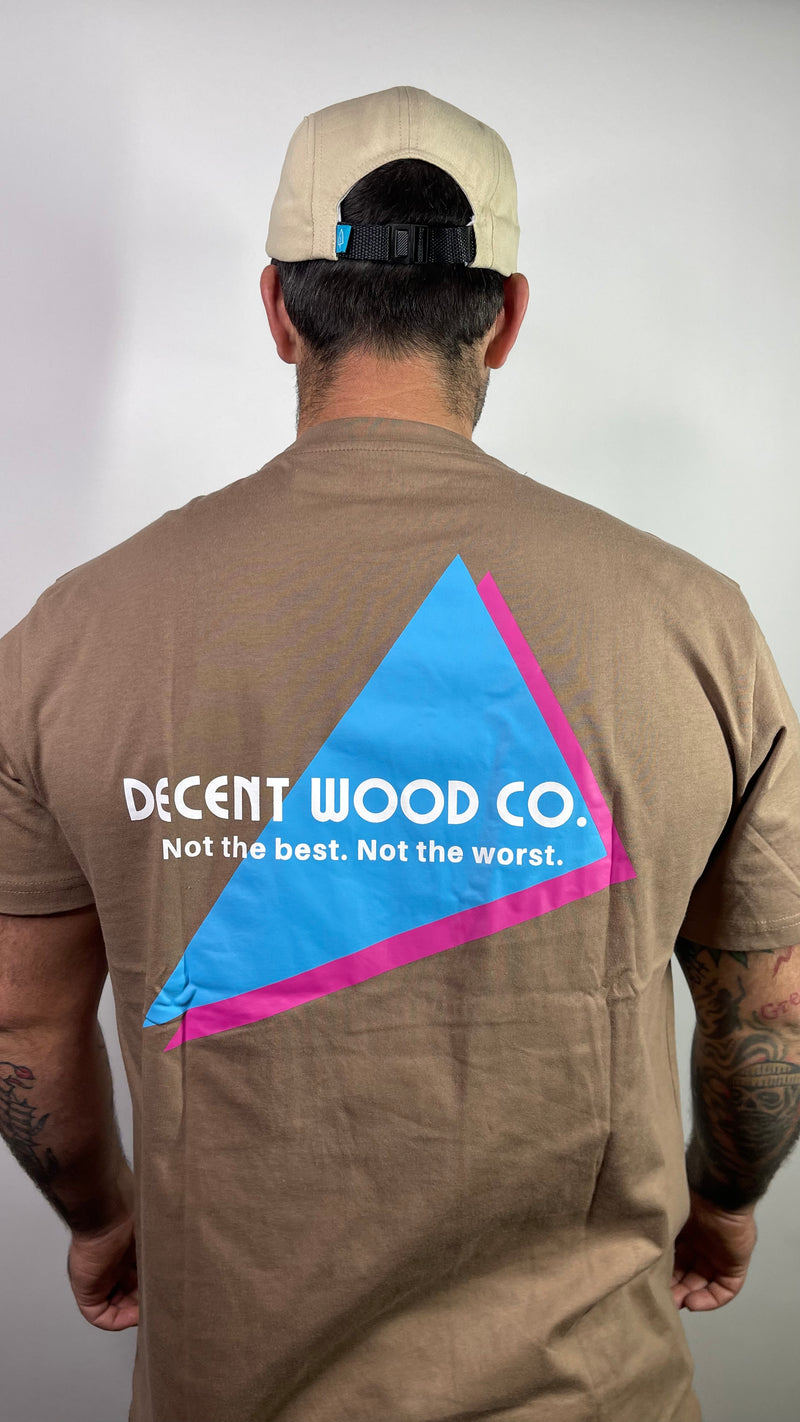 Load image into Gallery viewer, Decent wood co tshirt short sleeve tee tshirt brown with blue and pink retro vintage look.
