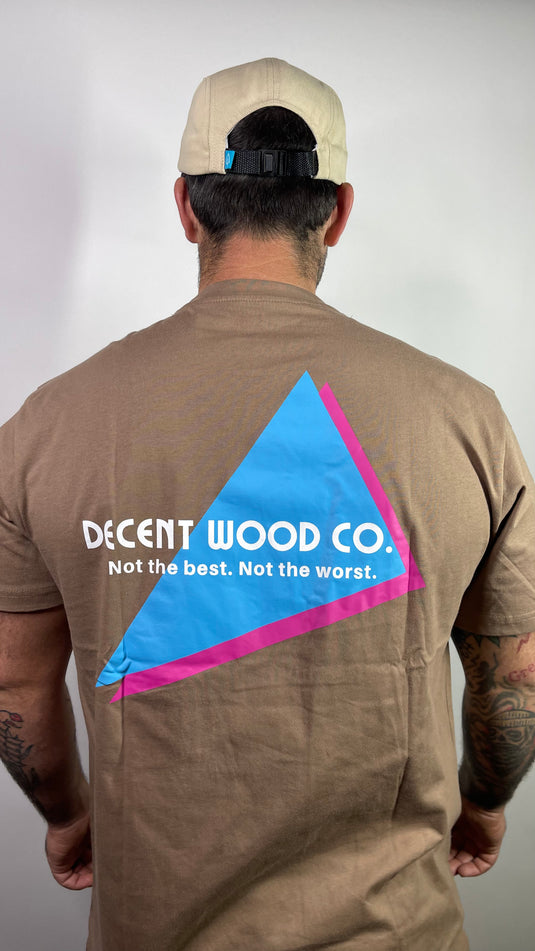 Decent wood co tshirt short sleeve tee tshirt brown with blue and pink retro vintage look.