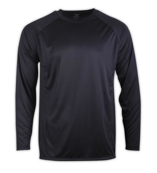 Long sleeve black shirt 4.3 oz. 100% Performance Polyester Moisture Wicking Odor Inhibiting